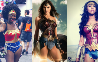 Three women dressed in Wonder Woman Costumes