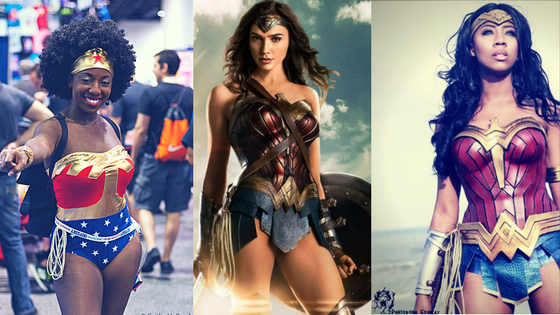 Three women dressed in Wonder Woman Costumes