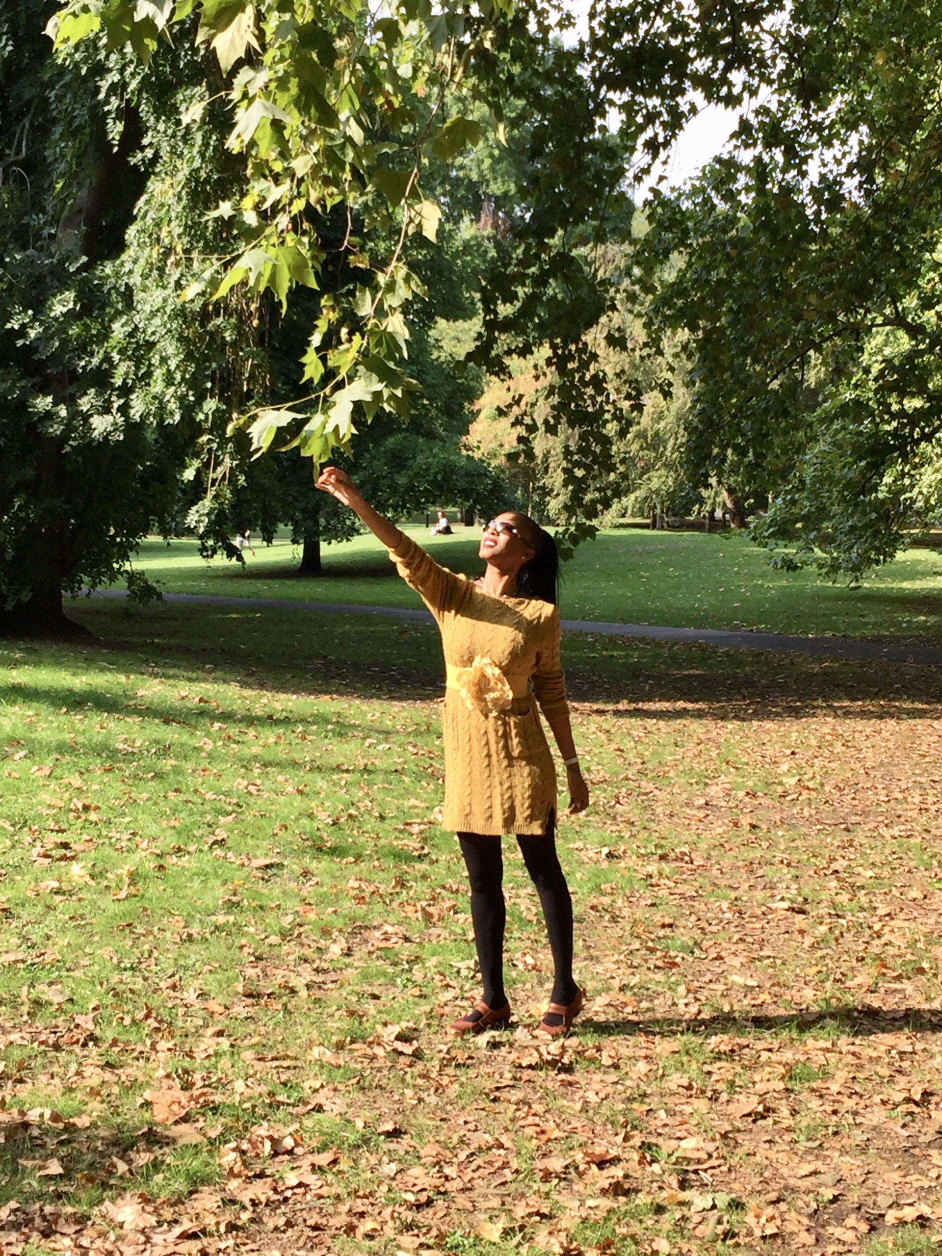 Collette Gee smiling in a mustard sweater dress, reaching toward autumn leaves in a sunny park surrounded by fallen leaves.