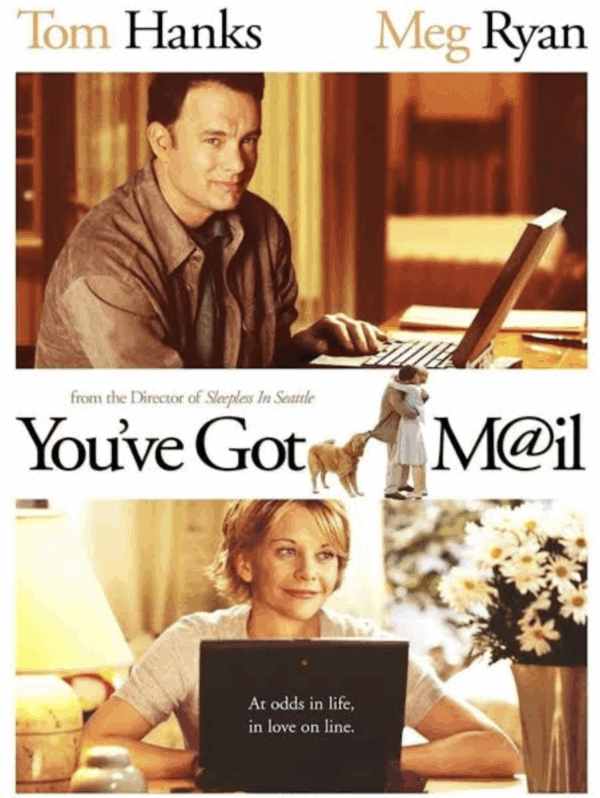 Scene from You've Got Mail (1998) with Tom Hanks and Meg Ryan, a romantic fall film.